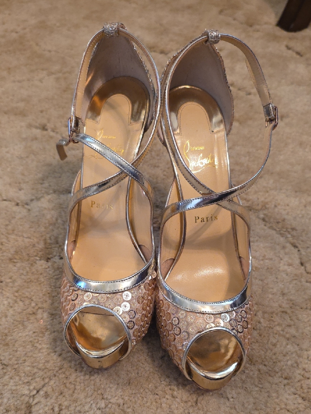 Christian Louboutin Silver Sequin Peep-Toe Cross-Strap Heels